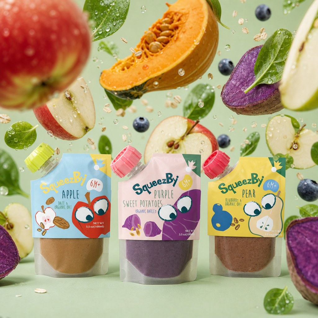 Squeezby pouches surrounded by the real fruit and vegetables they are made from