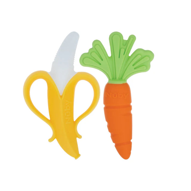 Nuby NanaNubs Banana Mass aging Toothbrush and Carrot Teether- (2 Pack) Baby Teething Toys for 3+ Months