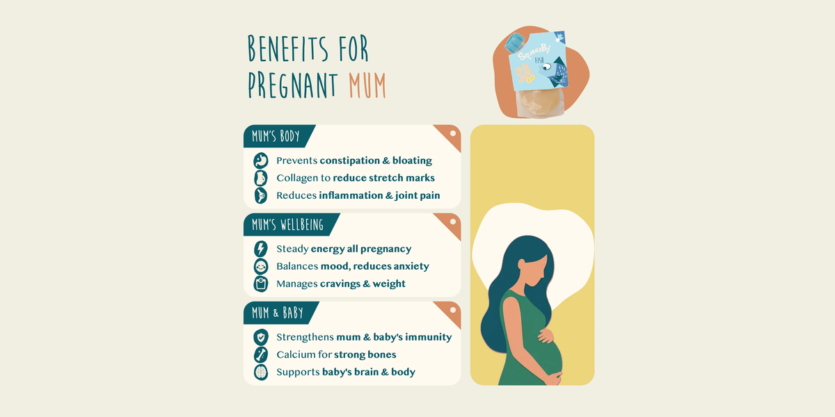 Benefits of Squeezby bone broth for pregnant mum: prevents constipation and bloating, collagen to reduce stretch marks, reduces inflammation and joint pain, steady energy, balanced mood, manages cravings and weight, strengthens mum and baby's immunity, calcium for strong bones and supports baby's brain and body.