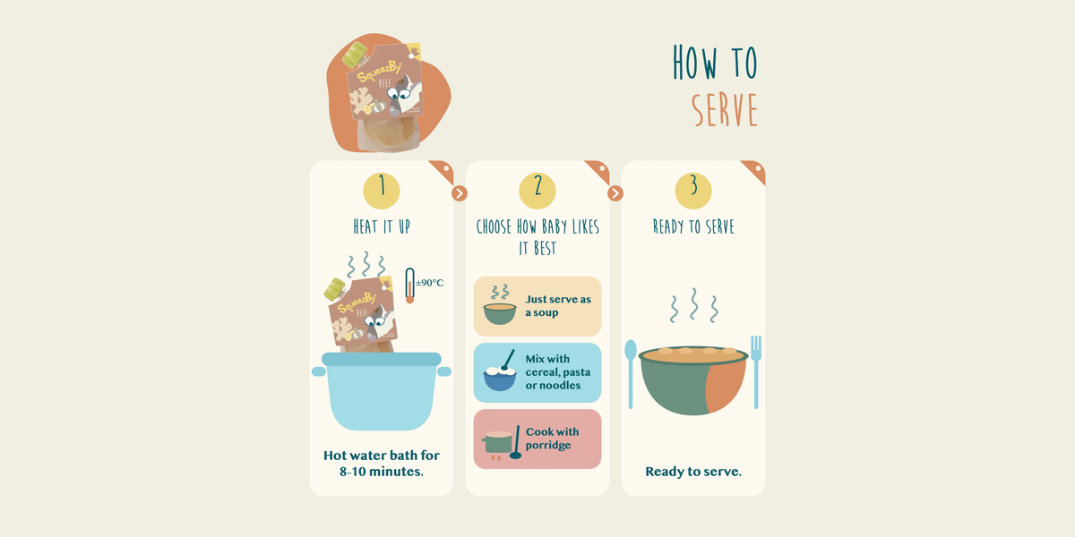How to serve Squeezby bone broth in three steps: heat the pouch in a hot water bath at about 90 degrees Celsius for 8 to 10 minutes, choose how baby likes it best as a soup, mixed with cereal, pasta or noodles, or cooked with porridge, then it is ready to serve.