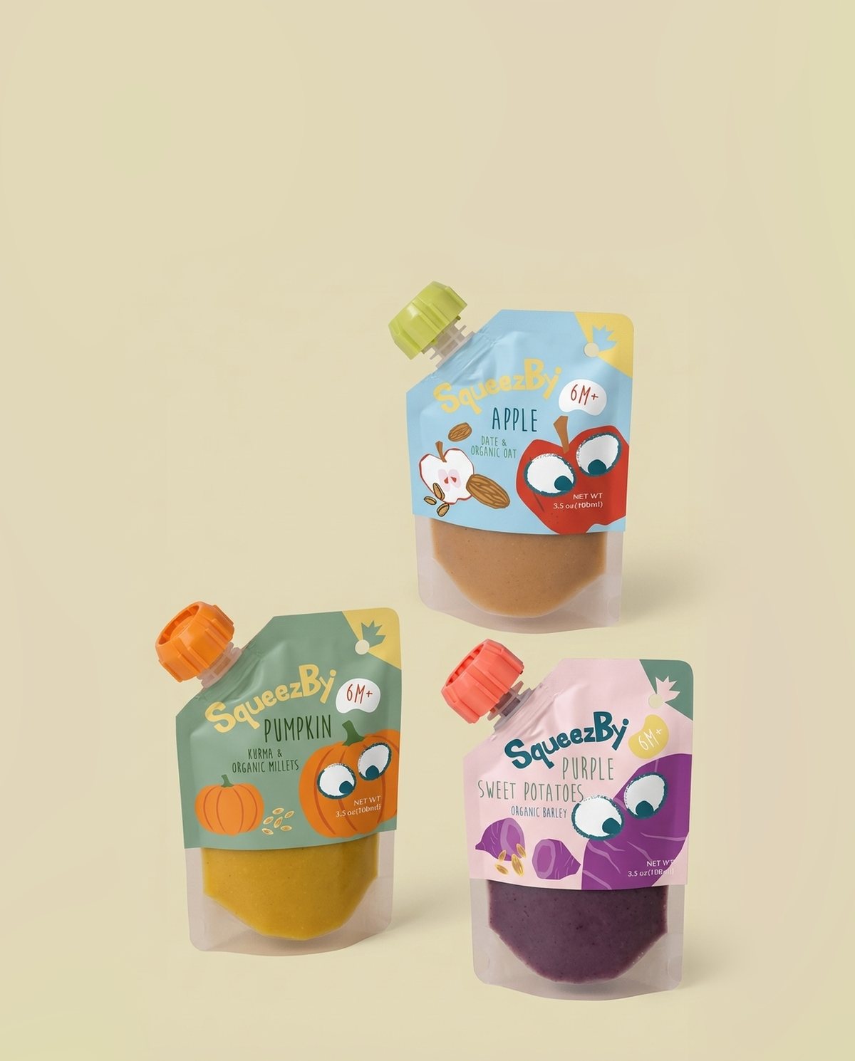 Squeezby fruit and veggie pouches with apple, pear and purple sweet potato