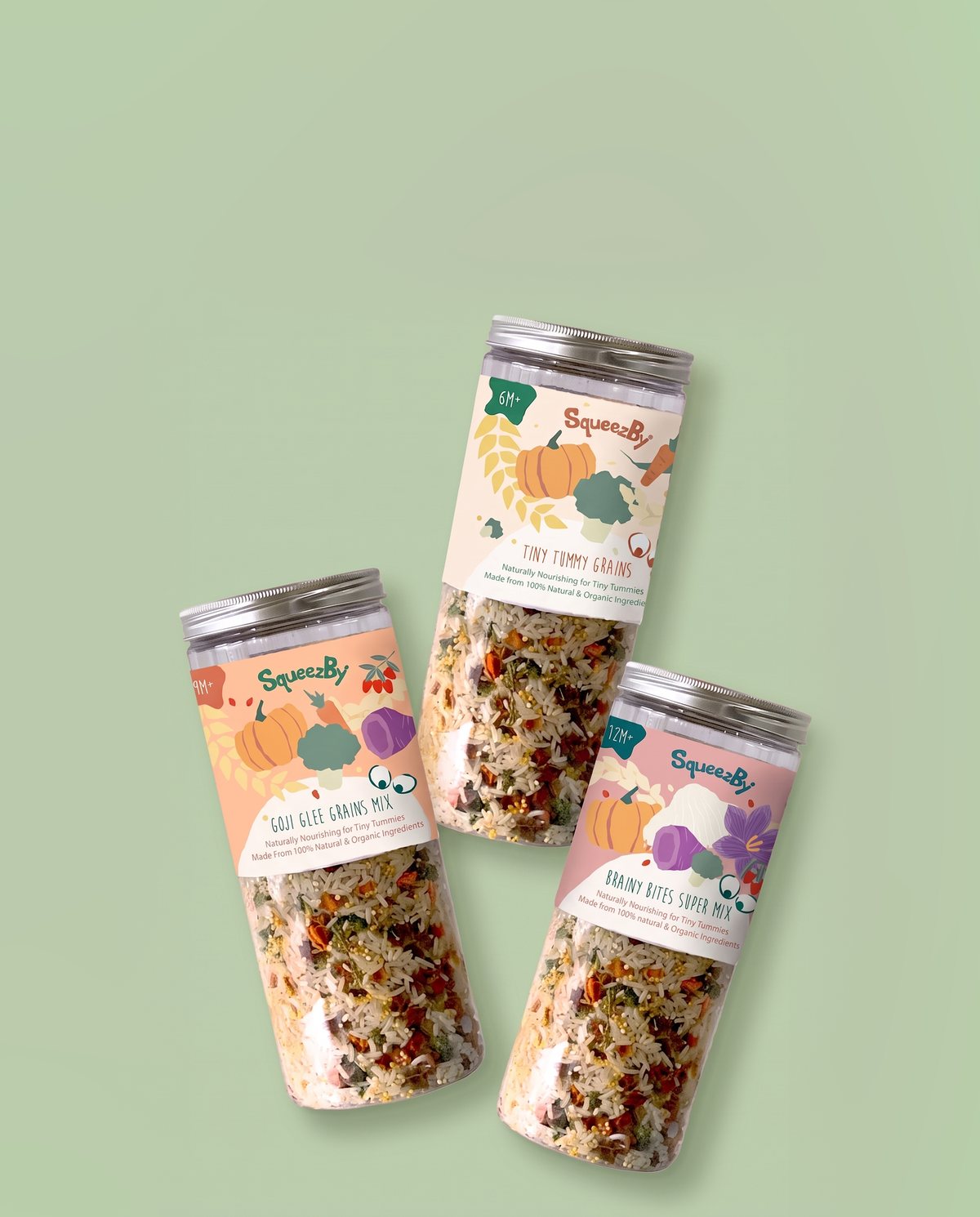 Squeezby grain mixes in Tiny Tummy, Goji Glee and Brainy Bites