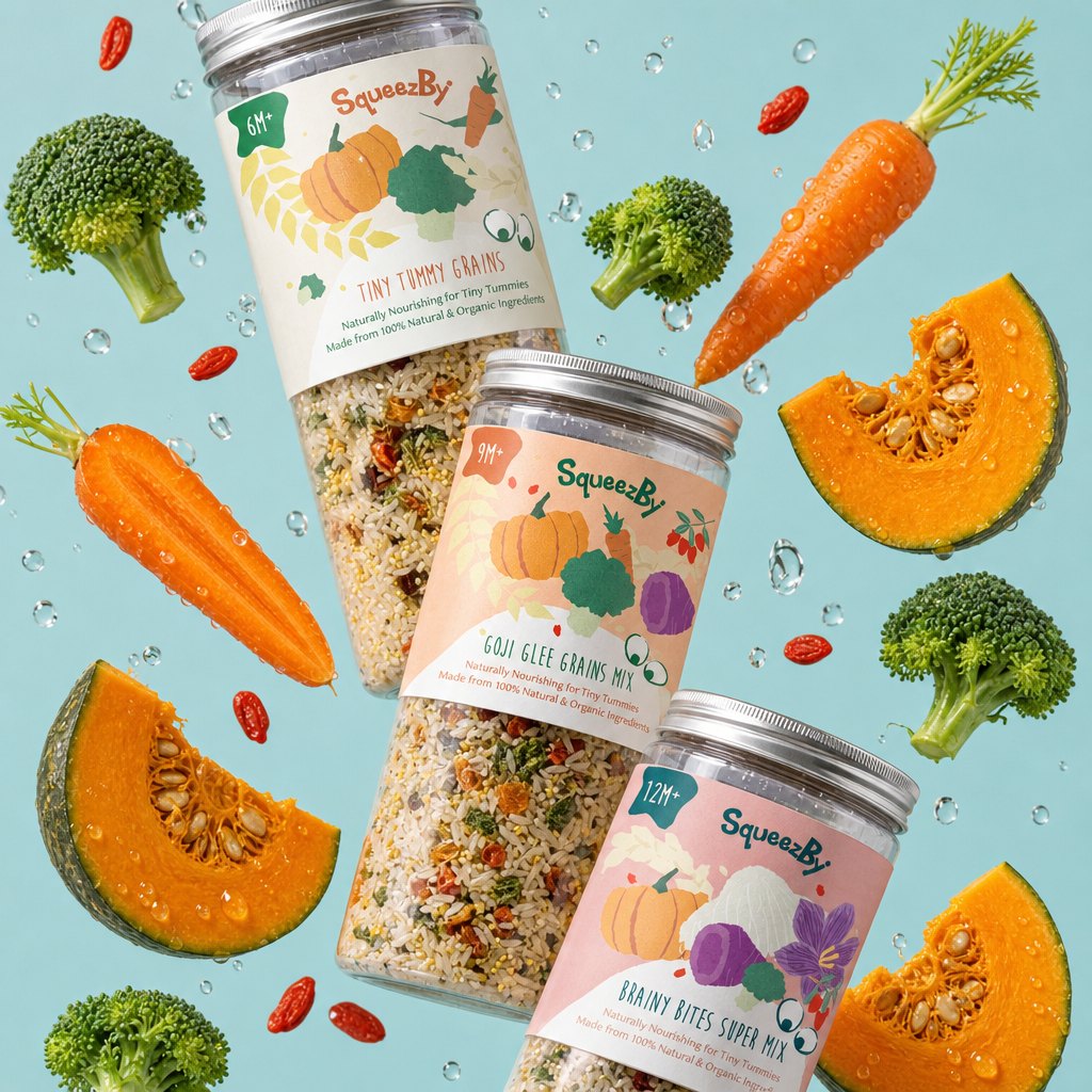 Squeezby grain mixes with broccoli, carrot, pumpkin and goji berries
