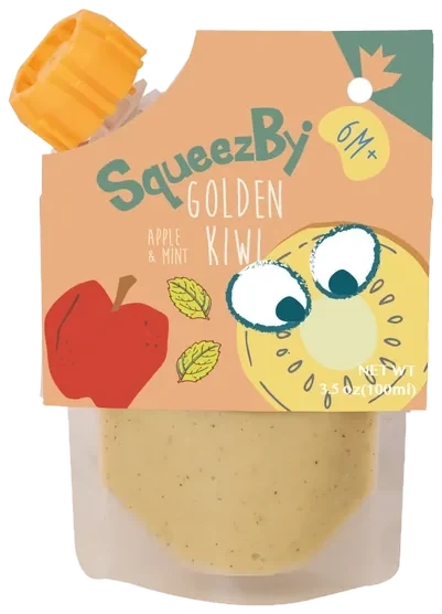 Squeezby Golden Kiwi, Apple & Mint cold-pressed fruit pouch, 6m+, 100 ml