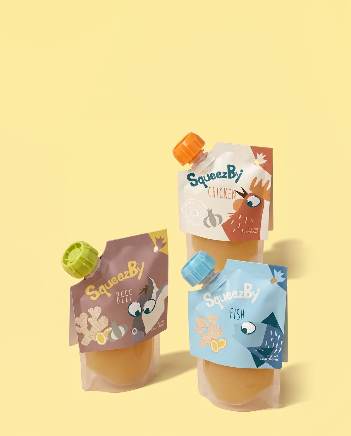 Squeezby bone broth pouches in chicken, fish and beef